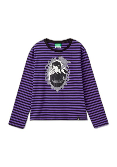 United Colors of Benetton Kız Çocuk Koyu Gri Etek Ucu Logo Etiketli Önü Fotoğraf Baskılı Çizgili T-Shirt