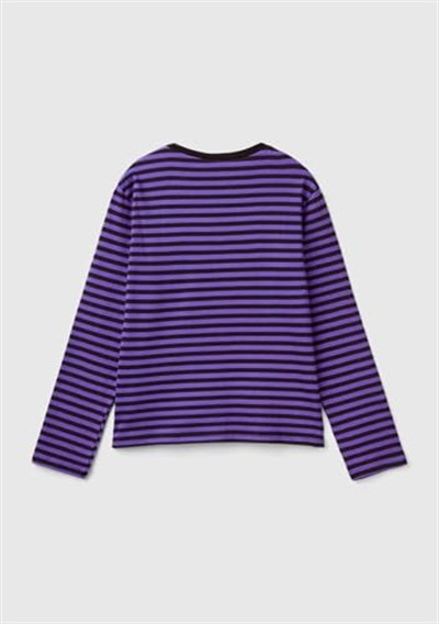 United Colors of Benetton Kız Çocuk Koyu Gri Etek Ucu Logo Etiketli Önü Fotoğraf Baskılı Çizgili T-Shirt