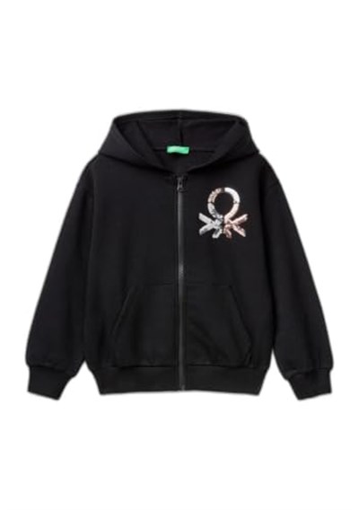 United Colors of Benetton Kız Çocuk Krem Pamuk Karışımlı Payet Logolu Kapşonlu Sweatshirt