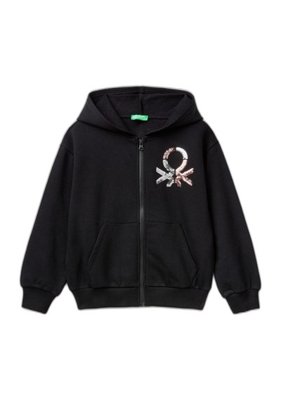 United Colors of Benetton Kız Çocuk Krem Pamuk Karışımlı Payet Logolu Kapşonlu Sweatshirt