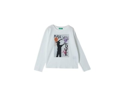 United Colors of Benetton Kız Çocuk Önü Fotoğraf Baskılı Bisiklet Yaka Uzun Kollu T-Shirt