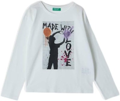 United Colors of Benetton Kız Çocuk Önü Fotoğraf Baskılı Bisiklet Yaka Uzun Kollu T-Shirt