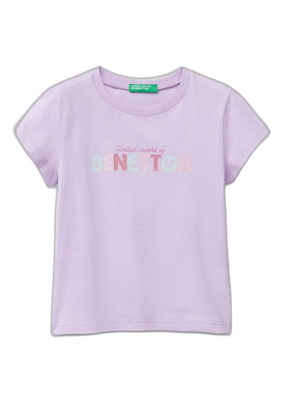 United Colors Of Benetton Kız Çocuk Parıltılı Logo Baskılı Ribana Yaka Regular Fit T-Shirt