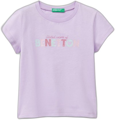 United Colors Of Benetton Kız Çocuk Parıltılı Logo Baskılı Ribana Yaka Regular Fit T-Shirt