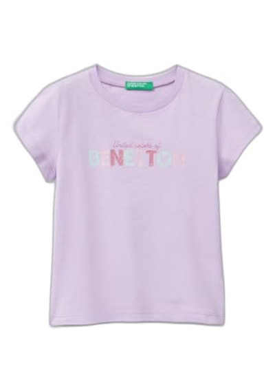 United Colors Of Benetton Kız Çocuk Parıltılı Logo Baskılı Ribana Yaka Regular Fit T-Shirt