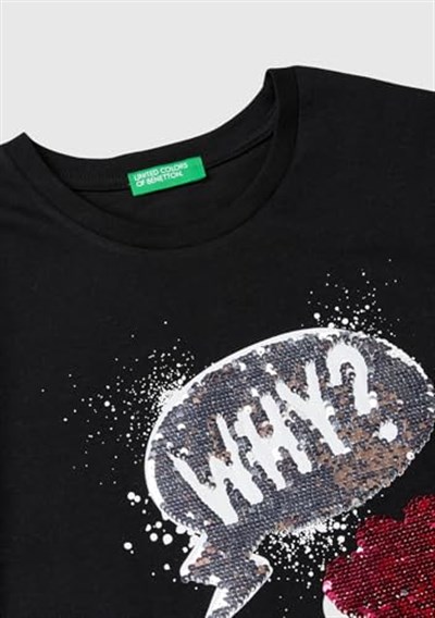 United Colors of Benetton Kız Çocuk Siyah Önü Pullu Baskı Detaylı Etek Ucu Yuvarlak Uzun Kollu T-Shirt