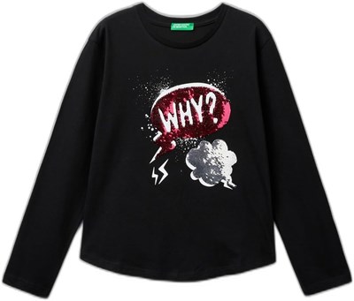 United Colors of Benetton Kız Çocuk Siyah Önü Pullu Baskı Detaylı Etek Ucu Yuvarlak Uzun Kollu T-Shirt