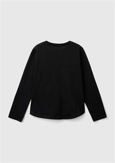 United Colors of Benetton Kız Çocuk Siyah Önü Pullu Baskı Detaylı Etek Ucu Yuvarlak Uzun Kollu T-Shirt