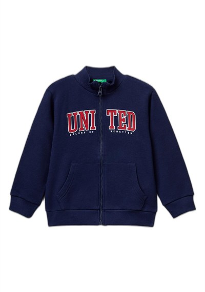 United Colors of Benetton Logo Baskılı Cepli Fermuarlı Kapüşonlu Dik Yaka Sweatshirt Kapüşonlu Sweatshirt Erkek çocuk