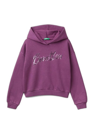 United Colors of Benetton Logo Detaylı Kapüşonlu Kısa Sweatshirt Kapüşonlu Sweatshirt Kız çocuk