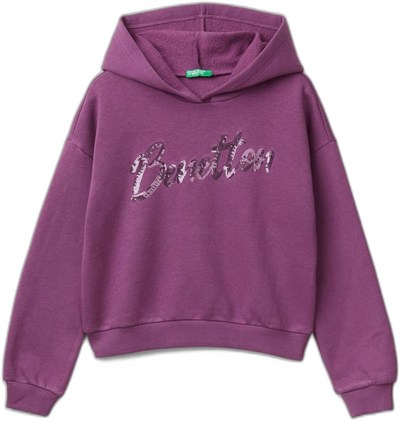 United Colors of Benetton Logo Detaylı Kapüşonlu Kısa Sweatshirt Kapüşonlu Sweatshirt Kız çocuk
