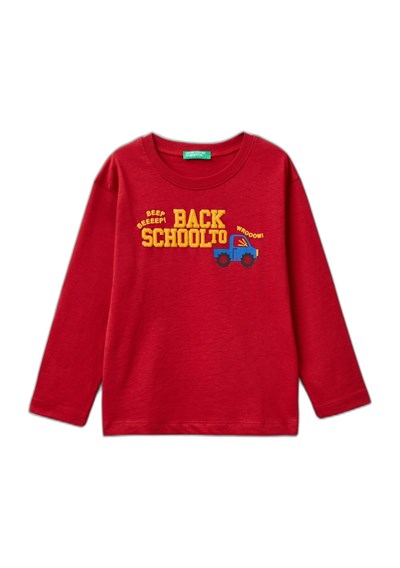 United Colors of Benetton Önü Araç Baskılı Bisiklet Yaka Uzun Kollu T-Shirt T-Shirt Erkek çocuk