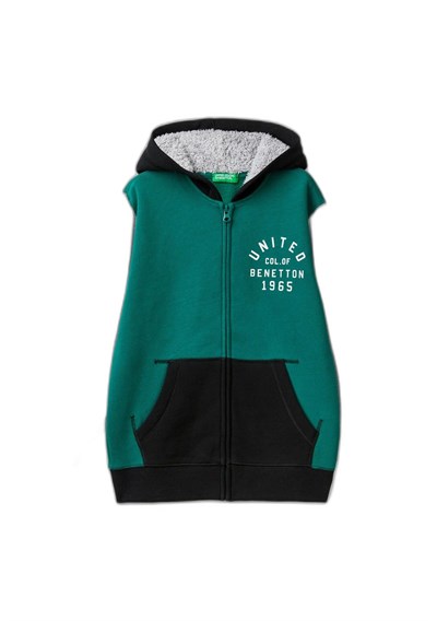 United Colors of Benetton Önü Logo Baskılı Cep Detaylı Fermuarlı Kapüşonlu Sweatshirt Kapüşonlu Sweatshirt Erkek çocuk