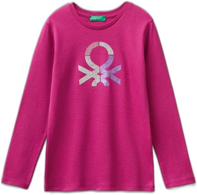 United Colors of Benetton Önü Parıltılı Logo Baskılı Regular Fit Uzun Kollu T-Shirt T-Shirt Kız çocuk