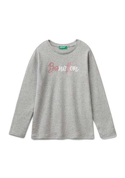 United Colors of Benetton Önü Parıltılı Logo Baskılı Regular Fit Uzun Kollu T-Shirt T-Shirt Kız çocuk