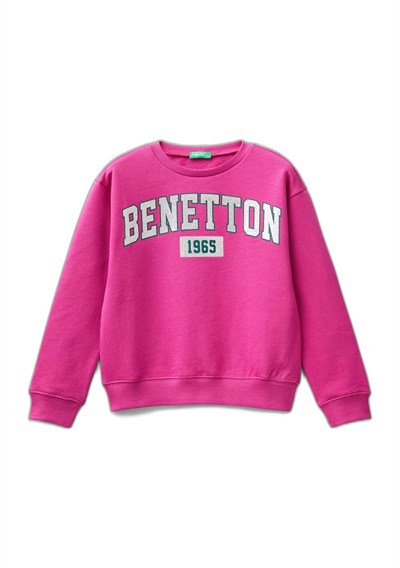 United Colors of Benetton Önü Parıltılı Logo Baskılı Bisiklet Yaka Sweatshirt Sweatshirt Kız çocuk