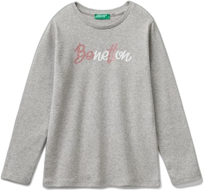 United Colors of Benetton Önü Parıltılı Logo Baskılı Regular Fit Uzun Kollu T-Shirt T-Shirt Kız çocuk