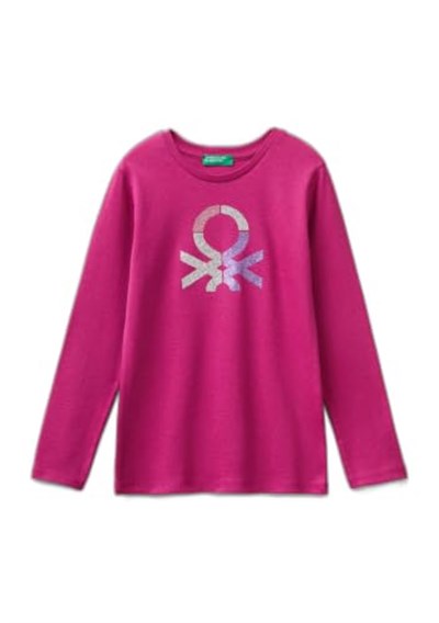 United Colors of Benetton Önü Parıltılı Logo Baskılı Regular Fit Uzun Kollu T-Shirt T-Shirt Kız çocuk
