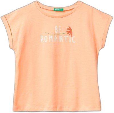 United Colors of Benetton Önü Parlak Grafik Baskılı Kıvrık Kollu Bisiklet Yaka Tişört T-Shirt Kız çocuk