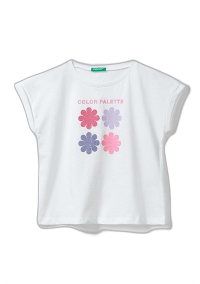 United Colors of Benetton Önü Parlak Grafik Baskılı Kıvrık Kollu Bisiklet Yaka Tişört T-Shirt Kız çocuk