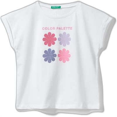 United Colors of Benetton Önü Parlak Grafik Baskılı Kıvrık Kollu Bisiklet Yaka Tişört T-Shirt Kız çocuk