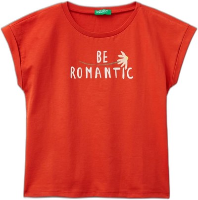 United Colors of Benetton Önü Parlak Grafik Baskılı Kıvrık Kollu Bisiklet Yaka Tişört T-Shirt Kız çocuk