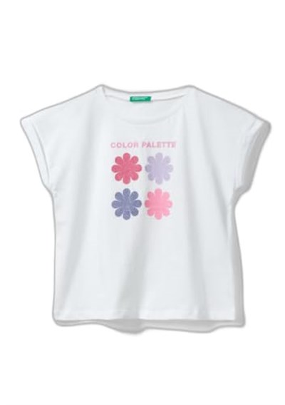 United Colors of Benetton Önü Parlak Grafik Baskılı Kıvrık Kollu Bisiklet Yaka Tişört T-Shirt Kız çocuk