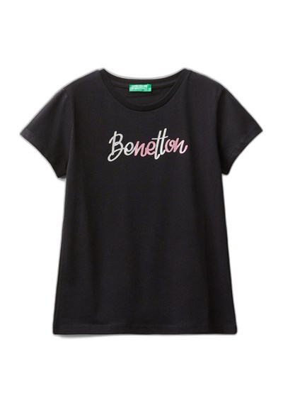 United Colors of Benetton Önü Parlak Logo Baskılı Bisiklet Yaka Kısa Kollu T-Shirt T-Shirt Kız çocuk
