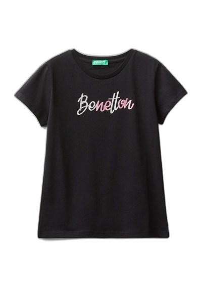 United Colors of Benetton Önü Parlak Logo Baskılı Bisiklet Yaka Kısa Kollu T-Shirt T-Shirt Kız çocuk