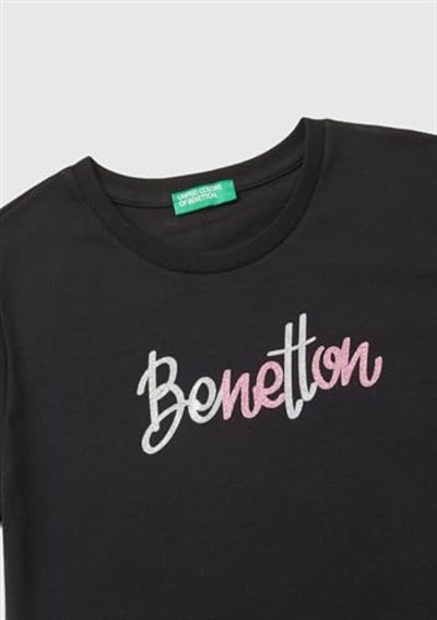United Colors of Benetton Önü Parlak Logo Baskılı Bisiklet Yaka Kısa Kollu T-Shirt T-Shirt Kız çocuk