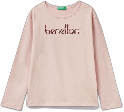 United Colors of Benetton Önü Pullu Logo İşlemeli Bisiklet Yaka Uzun Kollu T-Shirt Kız Çocuk T-Shirt