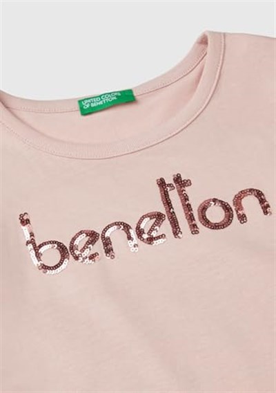 United Colors of Benetton Önü Pullu Logo İşlemeli Bisiklet Yaka Uzun Kollu T-Shirt Kız Çocuk T-Shirt