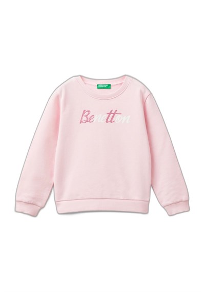 United Colors of Benetton Önü Simli Logo Baskılı Normal Kesim Bisiklet Yaka Sweatshirt Sweatshirt Kız çocuk