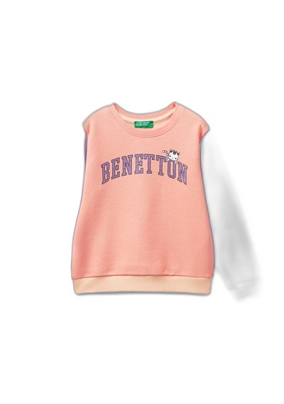 United Colors of Benetton Önü Simli Logo Baskılı Normal Kesim Bisiklet Yaka Sweatshirt Sweatshirt Kız çocuk