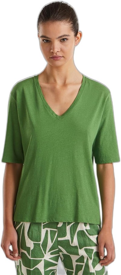 United Colors of Benetton Pamuk Keten Karışımlı V Yaka Rahat Kesim T-Shirt T-Shirt Kadın