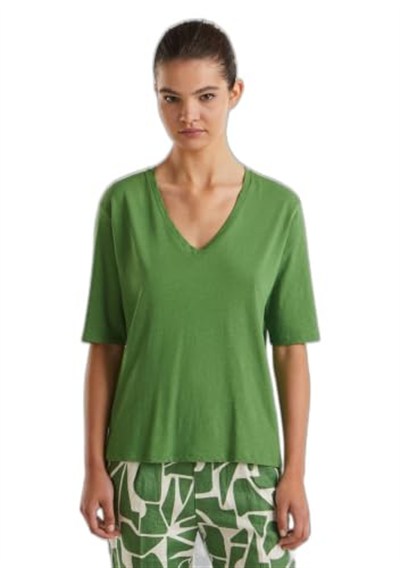 United Colors of Benetton Pamuk Keten Karışımlı V Yaka Rahat Kesim T-Shirt T-Shirt Kadın