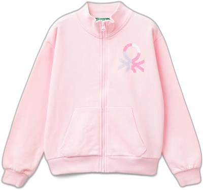 United Colors of Benetton Parıltılı Logo Baskılı Fermuarlı Cepli Yüksek Yaka Sweatshirt Sweatshirt Kız çocuk