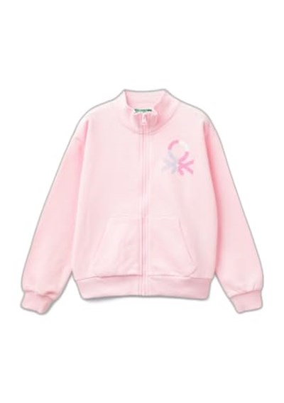 United Colors of Benetton Parıltılı Logo Baskılı Fermuarlı Cepli Yüksek Yaka Sweatshirt Sweatshirt Kız çocuk