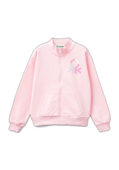 United Colors of Benetton Parıltılı Logo Baskılı Fermuarlı Cepli Yüksek Yaka Sweatshirt Sweatshirt Kız çocuk
