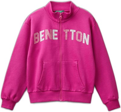 United Colors of Benetton Parıltılı Logo Baskılı Fermuarlı Cepli Yüksek Yaka Sweatshirt Sweatshirt Kız çocuk