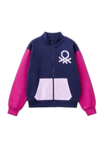 United Colors of Benetton Parıltılı Logo Baskılı Fermuarlı Cepli Yüksek Yaka Sweatshirt Sweatshirt Kız çocuk
