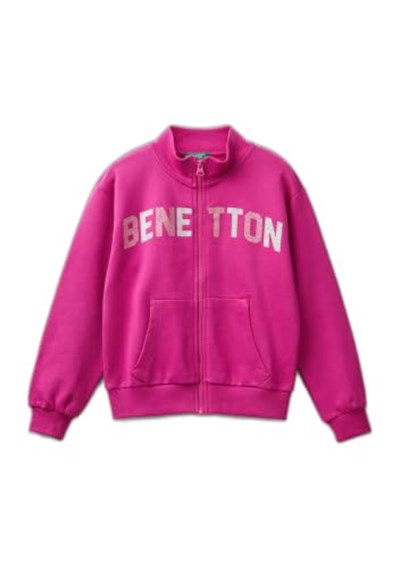 United Colors of Benetton Parıltılı Logo Baskılı Fermuarlı Cepli Yüksek Yaka Sweatshirt Sweatshirt Kız çocuk