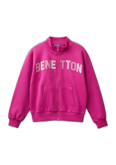 United Colors of Benetton Parıltılı Logo Baskılı Fermuarlı Cepli Yüksek Yaka Sweatshirt Sweatshirt Kız çocuk