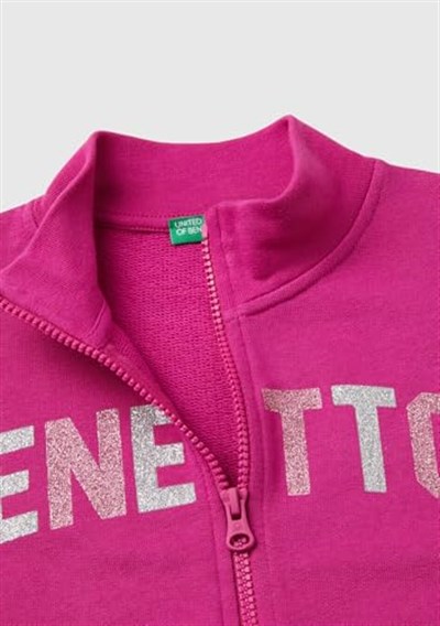 United Colors of Benetton Parıltılı Logo Baskılı Fermuarlı Cepli Yüksek Yaka Sweatshirt Sweatshirt Kız çocuk