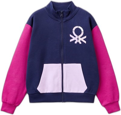 United Colors of Benetton Parıltılı Logo Baskılı Fermuarlı Cepli Yüksek Yaka Sweatshirt Sweatshirt Kız çocuk