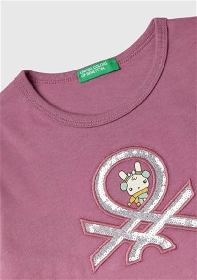 United Colors of Benetton Su Bazlı Baskılı ve İşlemeli Logolu Uzun Kollu T-Shirt Kız Çocuk T-Shirt, Gül Kurusu, 82
