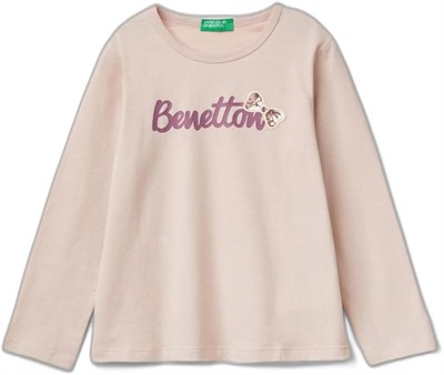 United Colors of Benetton Su Bazlı Baskılı ve İşlemeli Logolu Uzun Kollu T-Shirt T-Shirt Kız çocuk