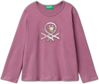 United Colors of Benetton Su Bazlı Baskılı ve İşlemeli Logolu Uzun Kollu T-Shirt Kız Çocuk T-Shirt, Gül Kurusu, 82