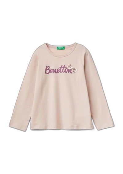 United Colors of Benetton Su Bazlı Baskılı ve İşlemeli Logolu Uzun Kollu T-Shirt T-Shirt Kız çocuk
