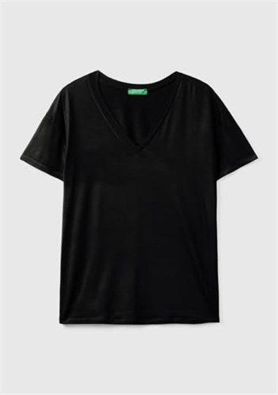 United Colors of Benetton Viskoz Karışımlı Geniş V Yaka Basic T-Shirt T-Shirt Kadın